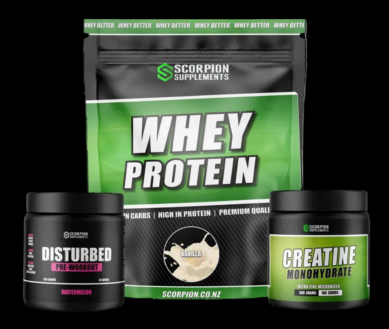 Scorpion Supplements whey protein package with two other supplement containers on a black background